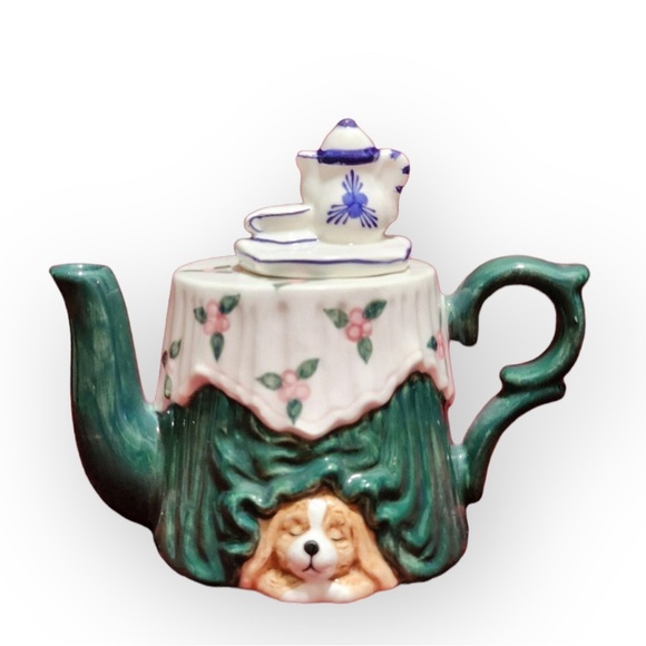 World Bazaar WB Vintage Mini Teapot w/ Dog Under Table Hand Painted 4" Tall - Picture 1 of 5